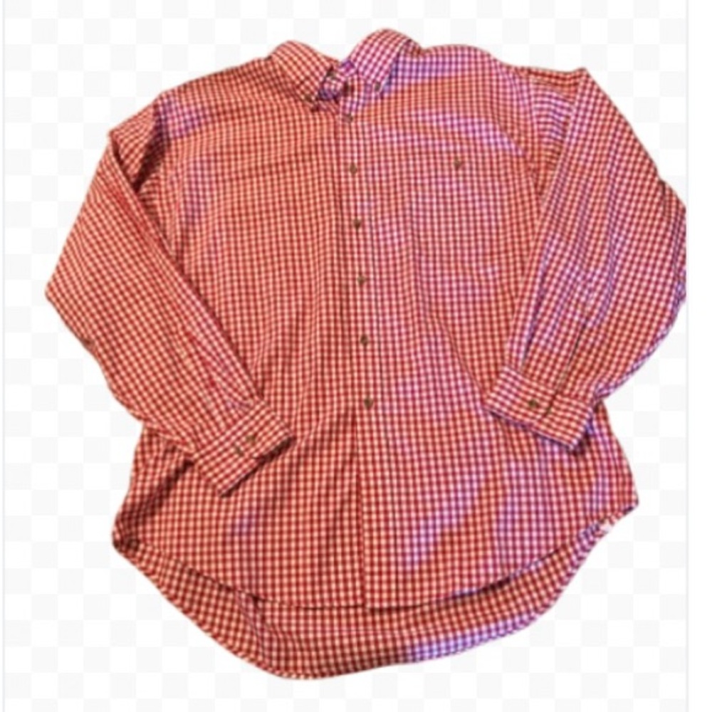 Lands’ End Men Shirt Sz XL Button Down Red Checkered Long Sleeve 17-17 1/2 Neck